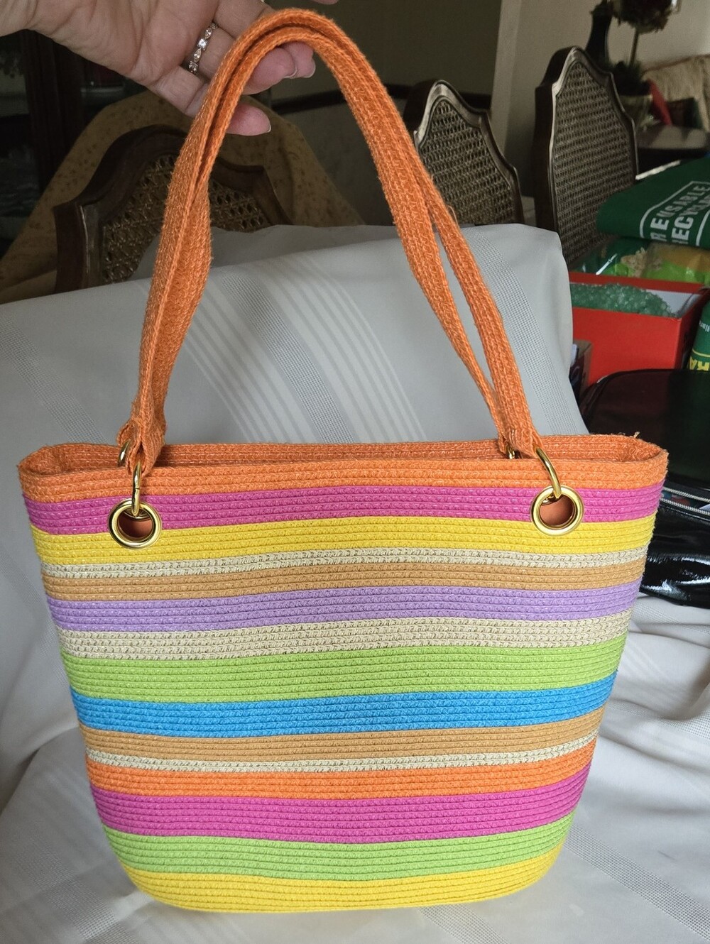 NEW Bright Striped Bag In 100% Paper Straw